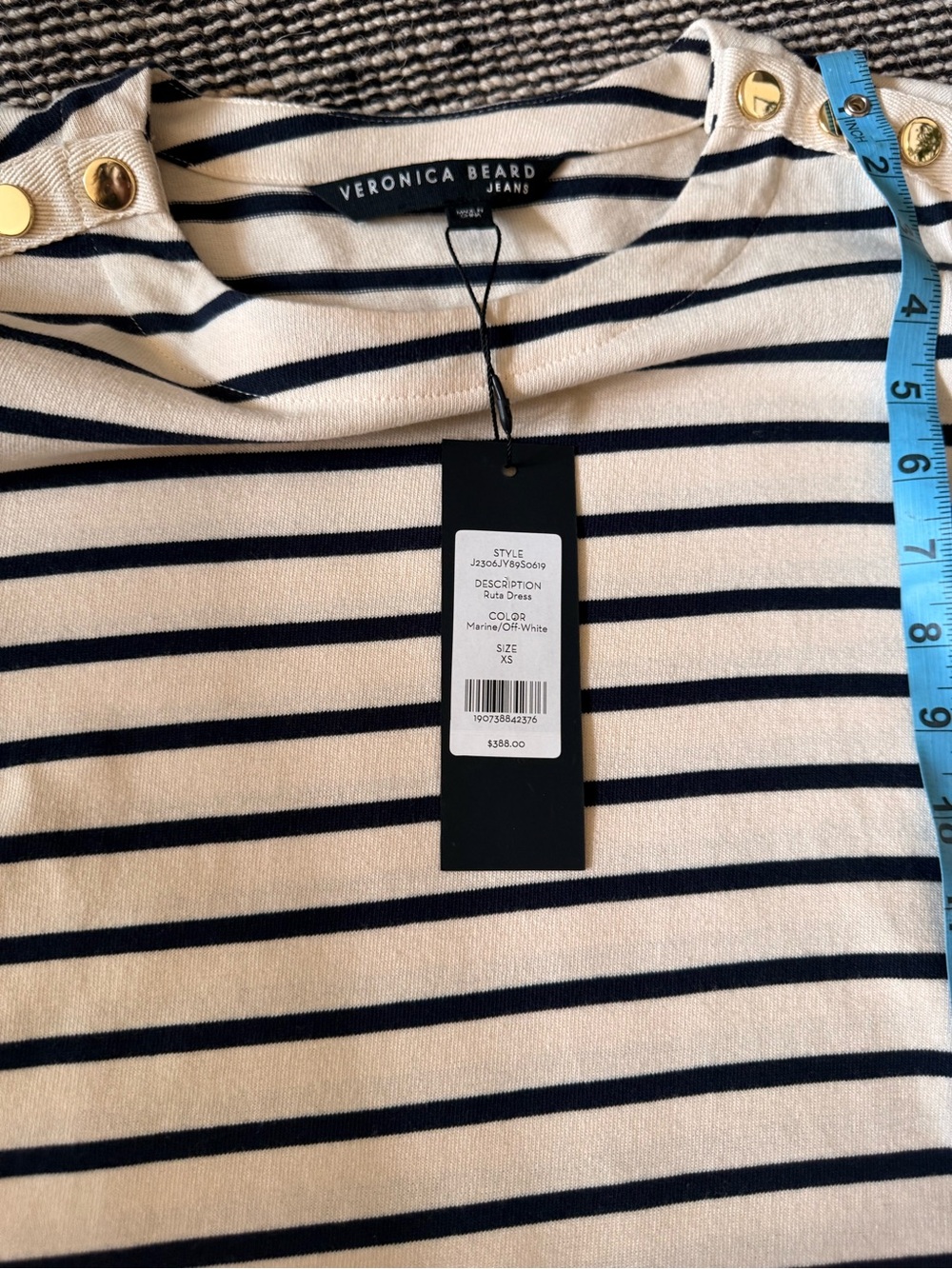 Veronica Beard 'Ruta' mini-dress Striped Button-Shoulder Tunic Marine Navy/Cream - Picture 11 of 12
